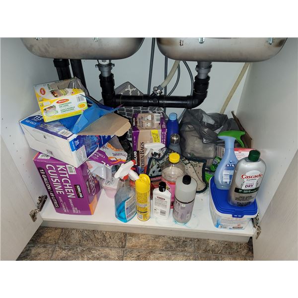 ALL CONTENTS OF UNDER THE SINK CUPBOARDS + GARBAGE CAN