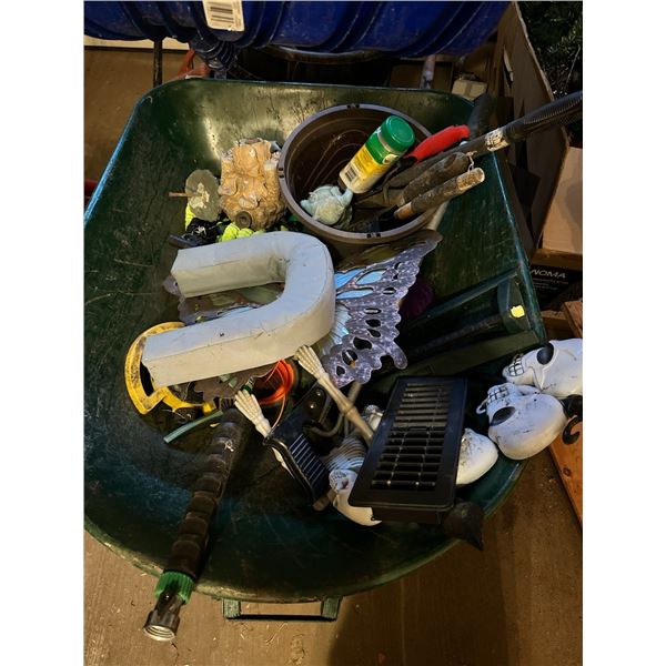 WHEEL BARROW WITH CONTENTS (MOSTLY GARDEN ACCESSORIES)
