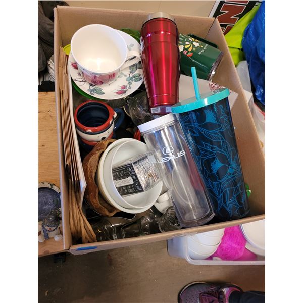 LARGE BIN OF CUPS, DISHES, MISC ITEMS