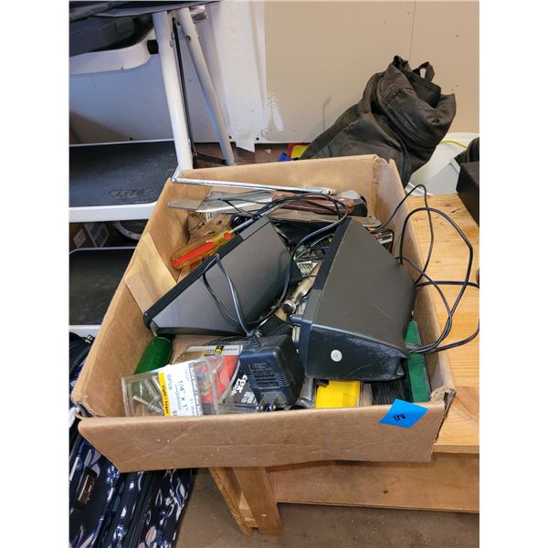 BOX OF TOOLS + MISC INLCLUDING VINTAGE PLAYERS TOBACCO TIN WITH HARDWARE