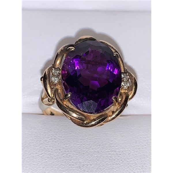 14K Yellow Gold 2.8 Carat Solitaire Amethyst with .15 carat Side Diamonds - ESTATE ITEMS