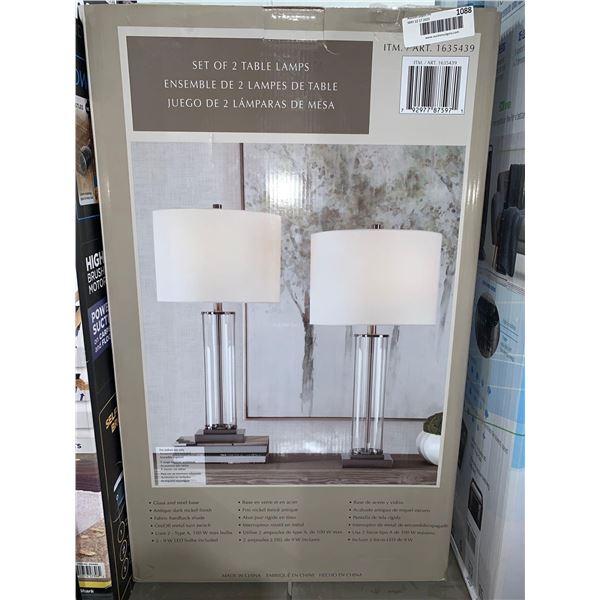 Set of 2 Table Lamps Glass & Steel Base Antique Dark Nickel Finish