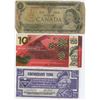 60  Well worn, 1973 Canadian 1 dollar bill and 2 Canadian tire money bills  10c 150th anniversary and 25c b