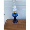 Image 1 : Antique oil lamp - Blue glass - has chimney
