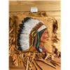 Image 1 : Absolutely beautiful painting on fringed genuine leather cushion " Chief Blackhawk" about 19" x 19" 
