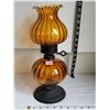 Image 1 : Amber glass oil lamp. Has chip on glass shade.