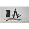 Image 3 : "Camping" knife, China and Folding multitool, with case.
