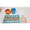 Image 1 : Assorted items - Blue vase, Cheese board, pumpkin vase, blue wall hanger with 3 glass jars