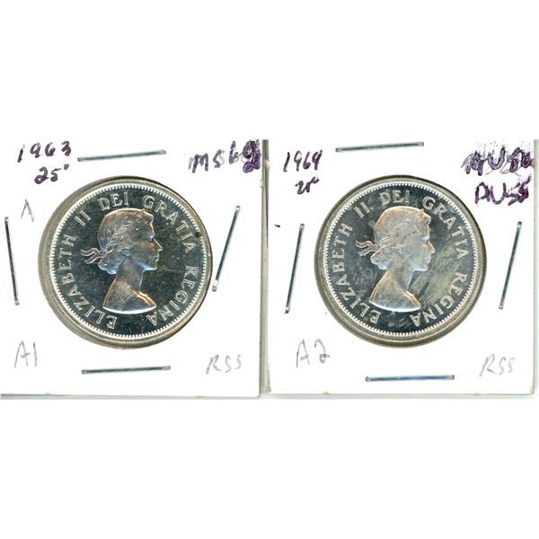 1963 + 1964 25 cents MS62, AU55