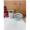 Image 3 : Kitchen ware lot - enamel pitcher, pot, cannister set, and 3 blue ribbon tins