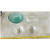 Image 1 : Assorted glassware's - Iris n bone cake dish, clear depression bowls, teal glass bowl, etc.