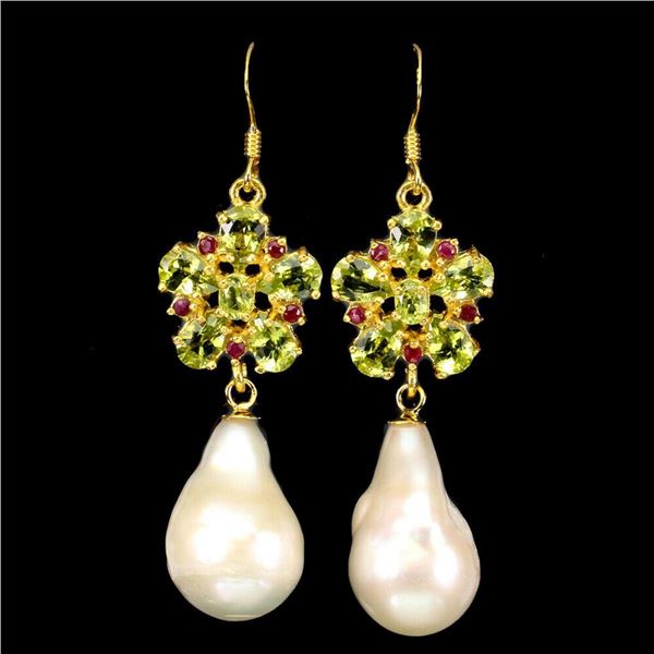 Natural Peridot Ruby Pearl Earrings