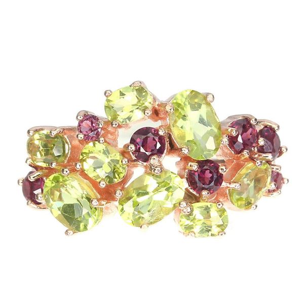 Natural Apple Green Peridot  Rhodolite Garnet Ring