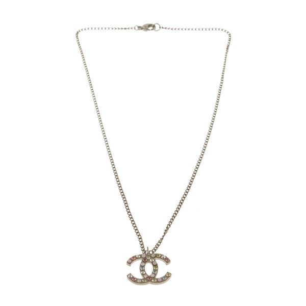 Chanel Silver & Colored Rhinestone CC Logo Pendant Necklace