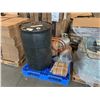 Image 1 : PALLET WITH 50GAL RAIN BARREL, PROPANE TANK, AND ASSORTED HARDWARE