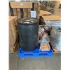 Image 2 : PALLET WITH 50GAL RAIN BARREL, PROPANE TANK, AND ASSORTED HARDWARE