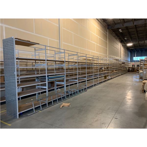 32 BAYS OF 10' X 2' PRODUCT STORAGE SHELVING AND REMAINING CONTENTS INCLUDING UPRIGHTS, CROSSBEAMS