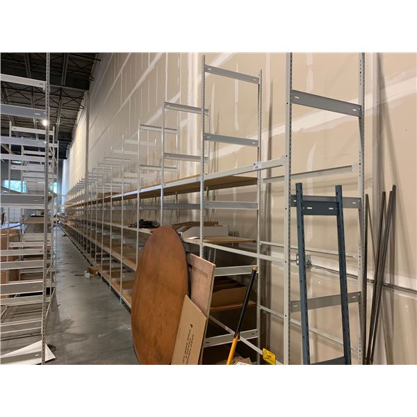 34 BAYS OF 10' X 2' PRODUCT STORAGE SHELVING AND REMAINING CONTENTS INCLUDING UPRIGHTS, CROSSBEAMS