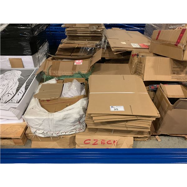 PALLET OF ASSORTED FLATTENED PACKING BOXES, PLASTIC POUCHES AND SMALL ...