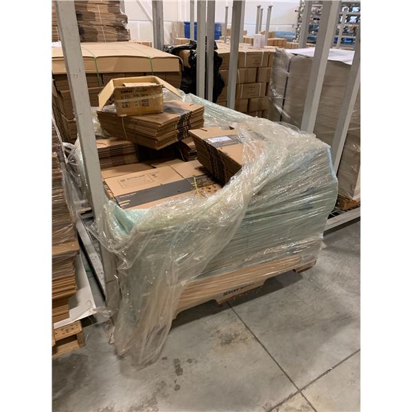 PALLET OF ASSORTED FLATTENED PACKING BOXES AND STACKABLE 4' X 4' PRODUCT STORAGE CRATE