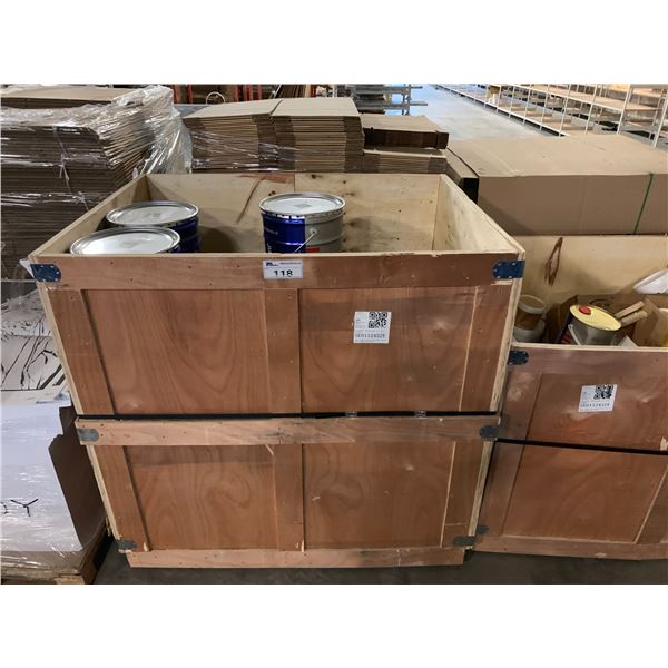 WOOD 38" X 40" STORAGE CRATE WITH CONTENTS INCLUDING JIANBANG 20L PALS OF COATING MATERIAL