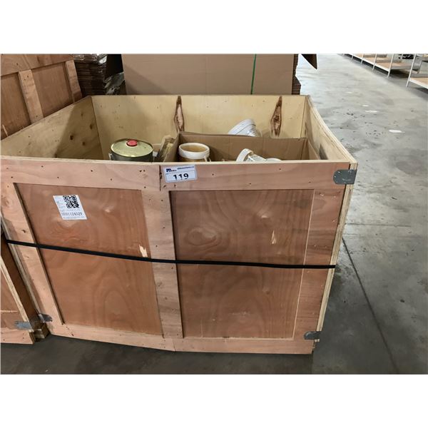 WOOD 38" X 40" STORAGE CRATE WITH CONTENTS POLYAMIDE CURING AGENT AND MORE