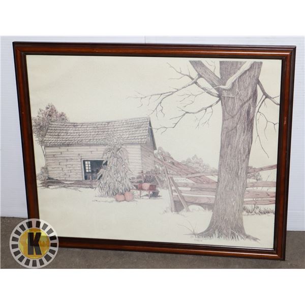 VINTAGE FRAMED OLD FARM THEME PRINT