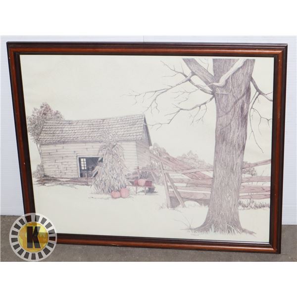 VINTAGE FRAMED OLD FARM THEME PRINT