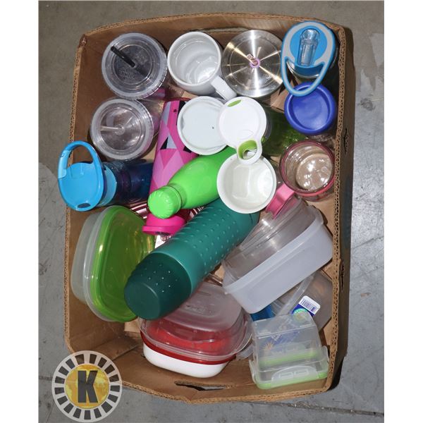 LARGE BOX OF ASSORTED DRINK CONTAINERS,