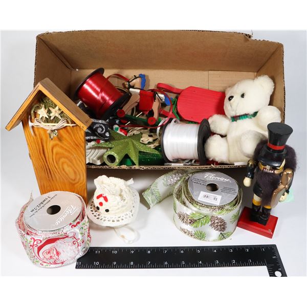 BOX OF ASSORTED CRAFTING SUPPLIES, RIBBON, ECT