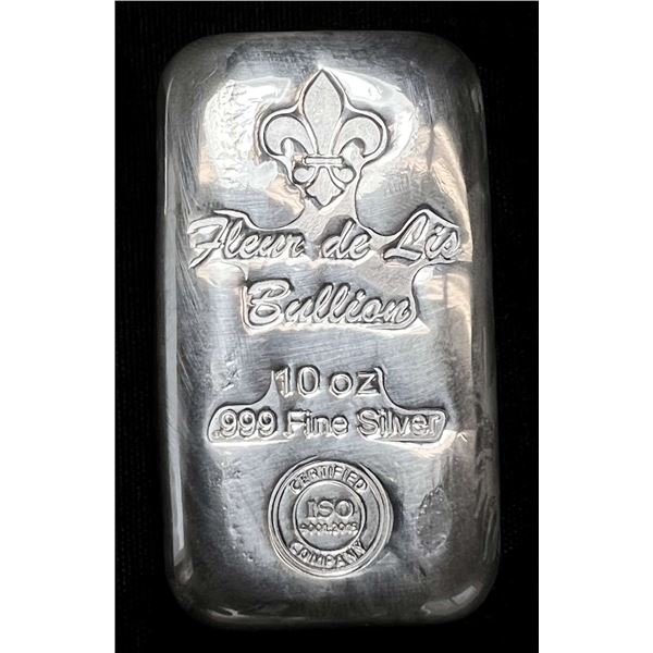 (1) 10 ozt .999 Fine Silver Fleur De Lis Bullion Bar