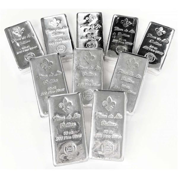 (10) 50 ozt .999 Fine Silver Fleur De Lis Bullion Bars