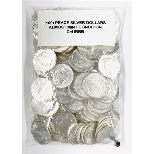 (100) AU/BU Peace Silver Dollars