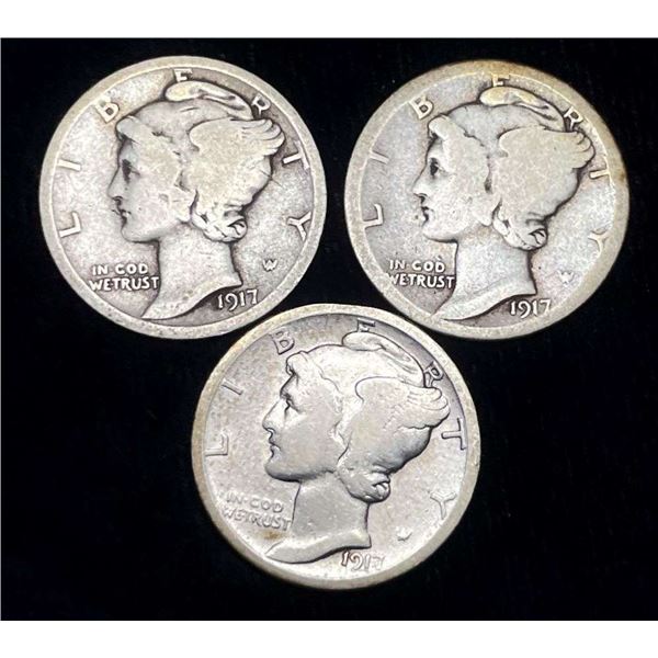 1917-P/D/S Mercury Silver Dimes (3-coins)