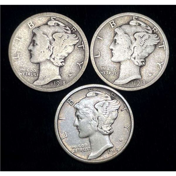 1918-P/D/S Mercury Silver Dimes (3-coins)