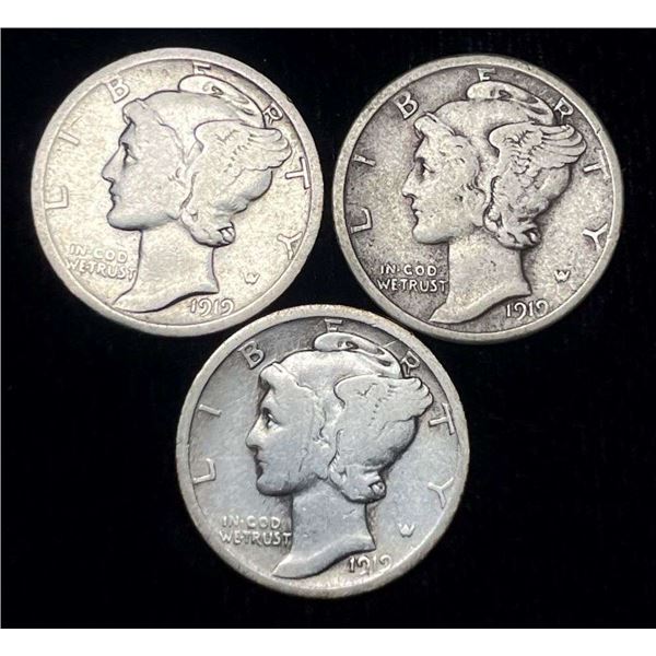 1919-P/D/S Mercury Silver Dimes (3-coins)