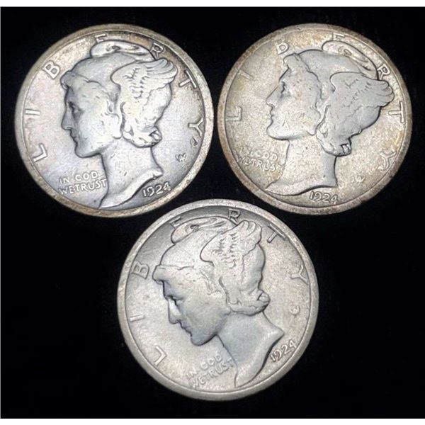 1924-P/D/S Mercury Silver Dimes (3-coins)