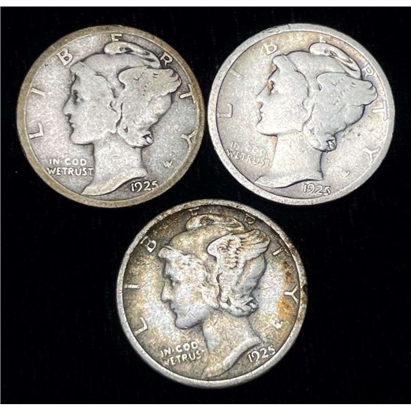 1925-P/D/S Mercury Silver Dimes (3-coins)