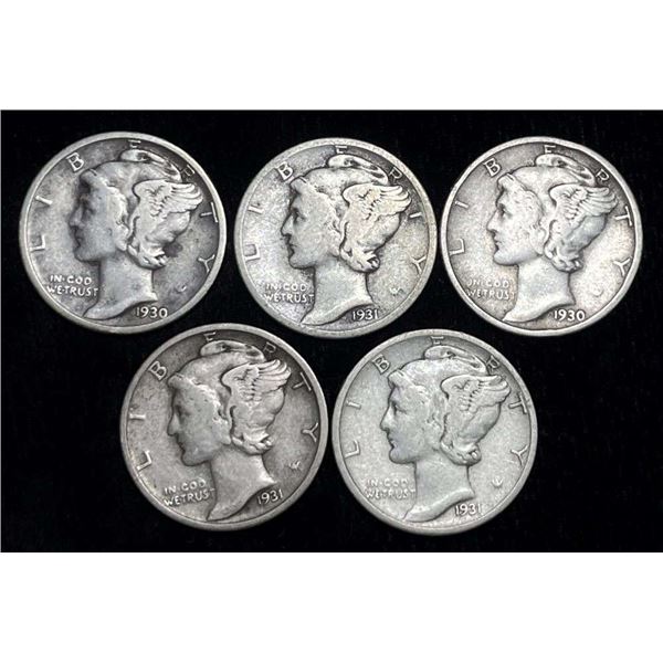 1930-1931-P/D/S Mercury Silver Dimes (5-coins)