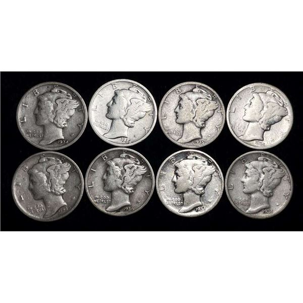 1934-1936-P/D/S Mercury Silver Dimes (8-coins)