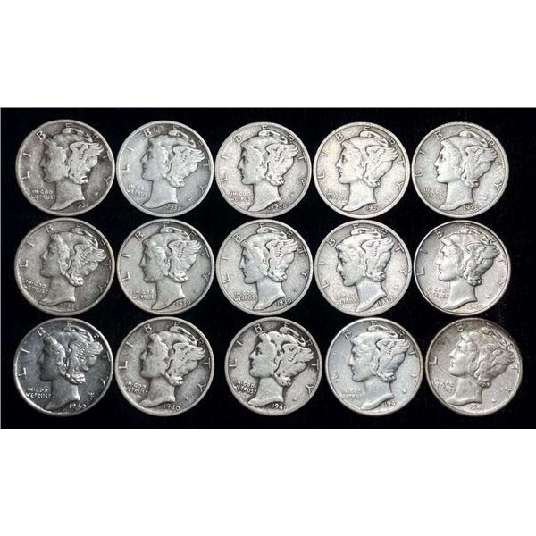 1937-1941-P/D/S Mercury Silver Dimes (15-coins)