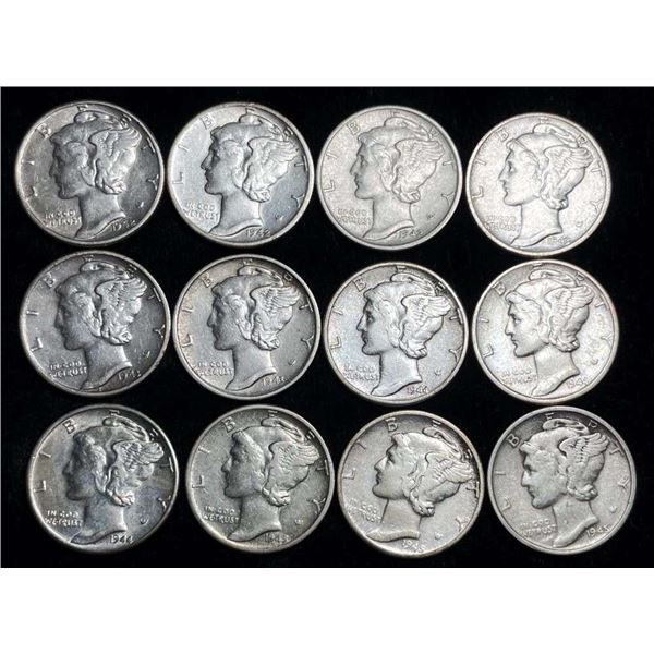 1942-1945-P/D/S Mercury Silver Dimes (12-coins)