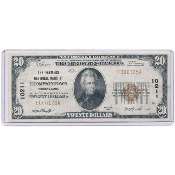 Rare Charter / Low Serial 1929 The Farmers National Bank Of Thompsontown Pennsylvania $20 Note