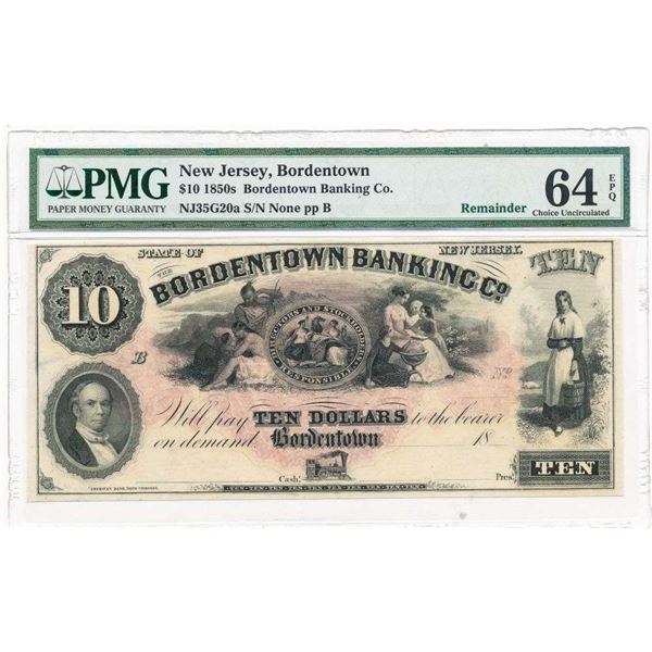 1850s $10 Borderntown Banking Co. Bank Note PMG Ch. UNC 64