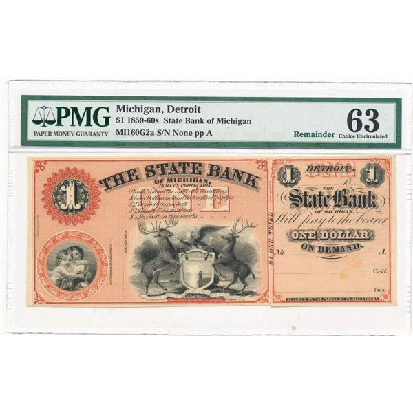 1859-60s $1 State Bank of Michigan Bank Note PMG Ch. UNC63