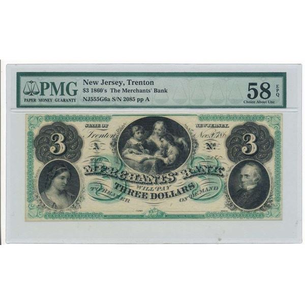 1860s $3 The Merchants Bank Note PMG Ch. UNC58