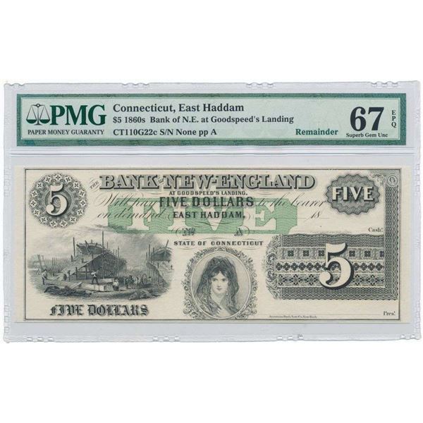 1860s $5 Bank of N.E. at Goodspeed's Landing PMG Superb Gem UNC67