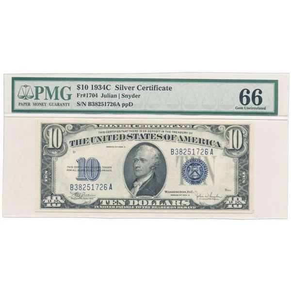 1934C $10 Silver Certificate Fr#1704 PMG Gem Unc66