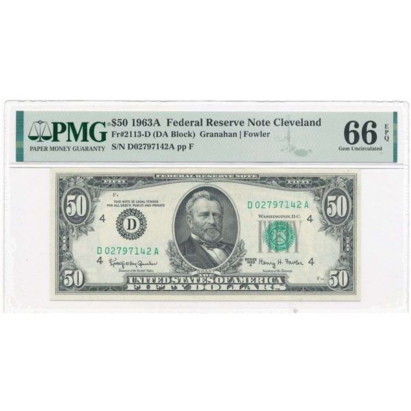 1963A $50 Federal Reserve Note Cleaveland Fr#2113-D PMG Gem Unc66