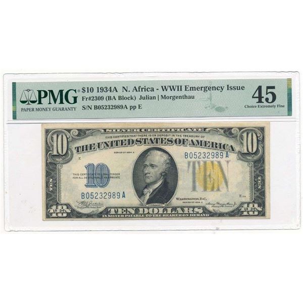 1934A $10 N. Africa WWII Emergency Issue Bank Note Fr#2309 PMG Choice XF45